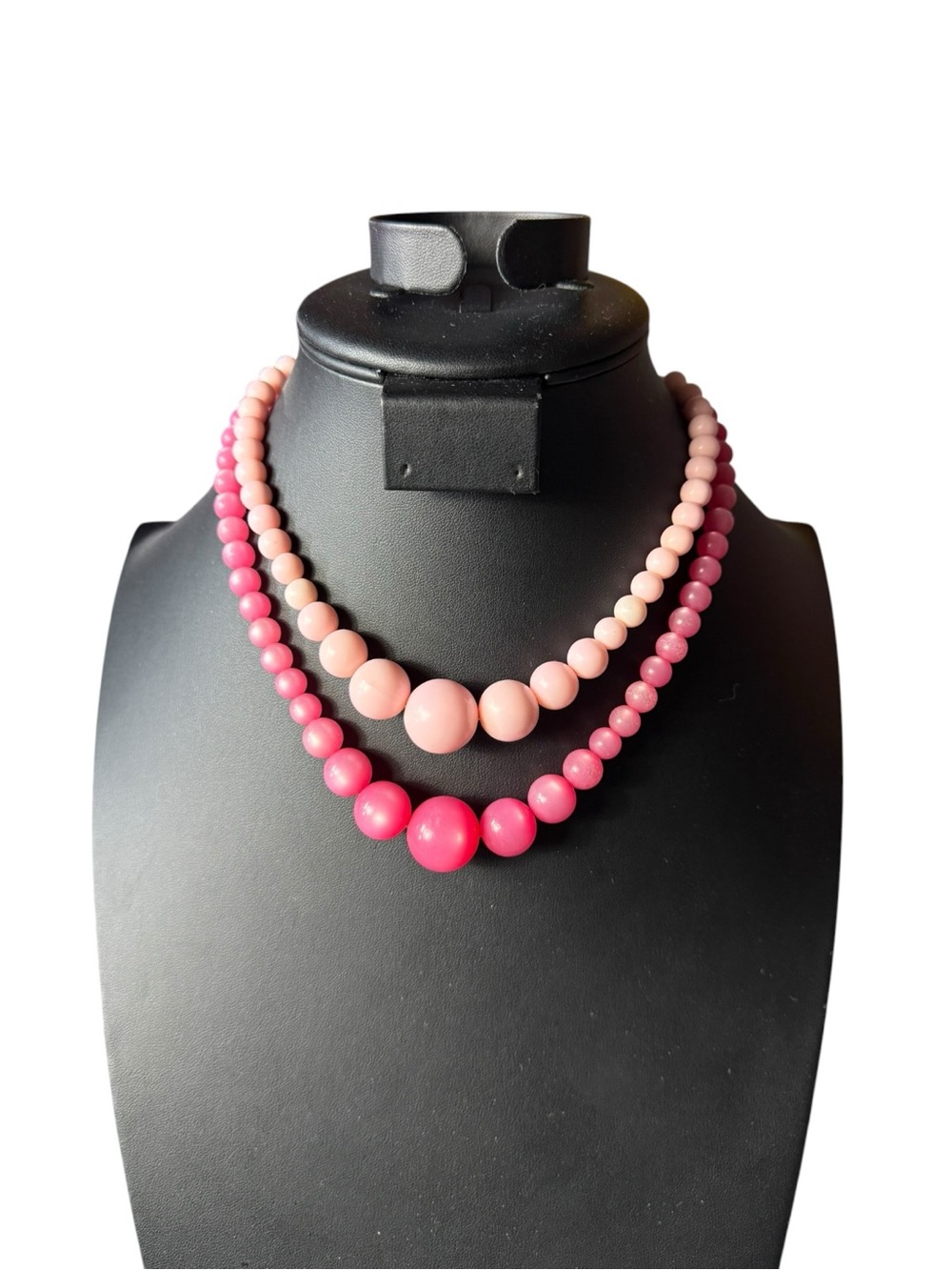 4573. Vintage Pink Ombre Beaded Necklace Set Double Strand Bubble Beads